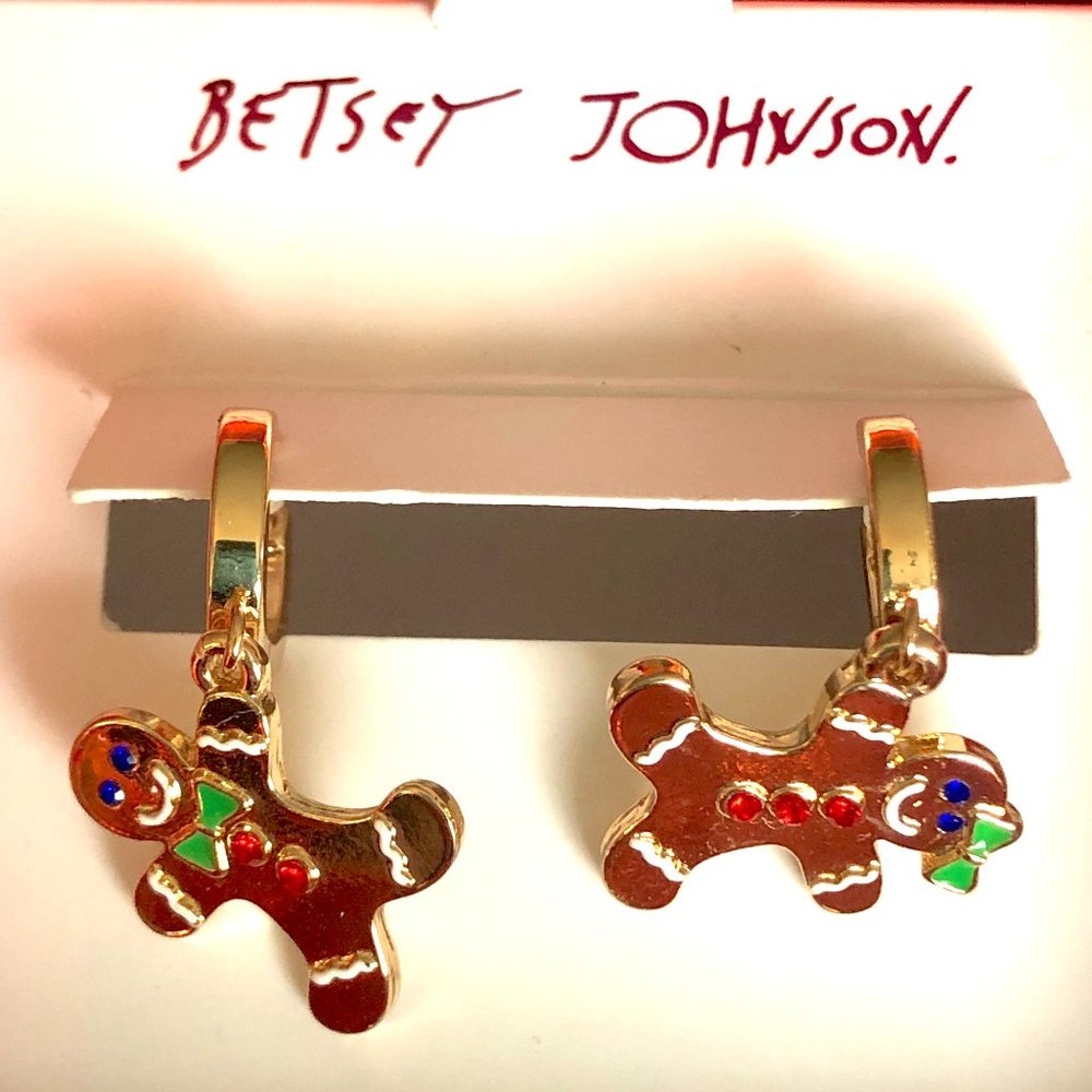 NEW Betsey Johnson Gingerbread Charm Huggie Drop Earrings